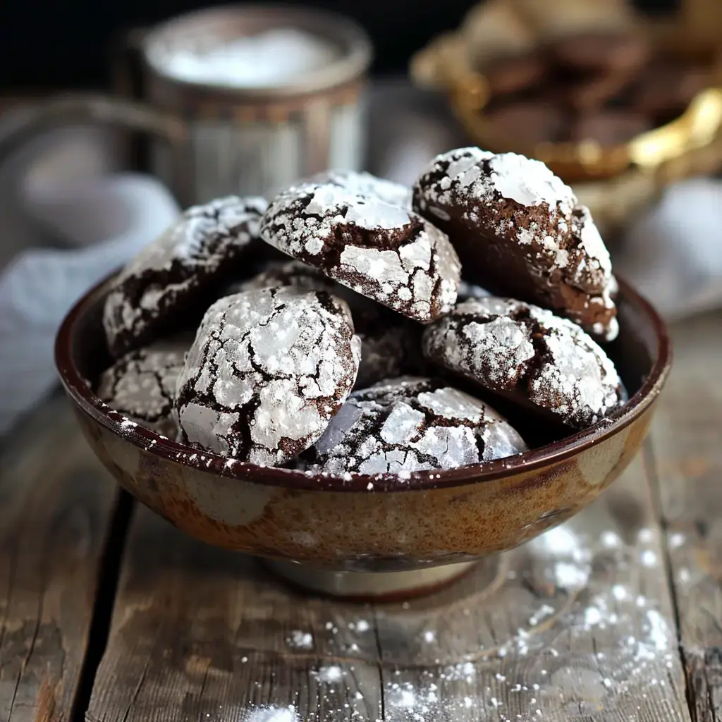 Un bol en terre cuite contient des biscuits au chocolat saupoudrés de sucre glace.