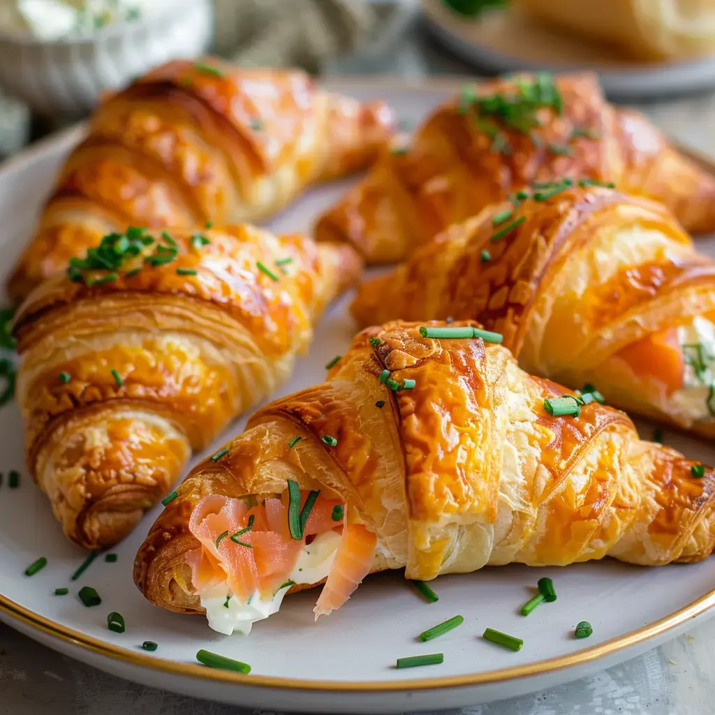 Des croissants dorés garnis de saumon et de crème, parsemés de ciboulette, sont présentés sur une assiette.