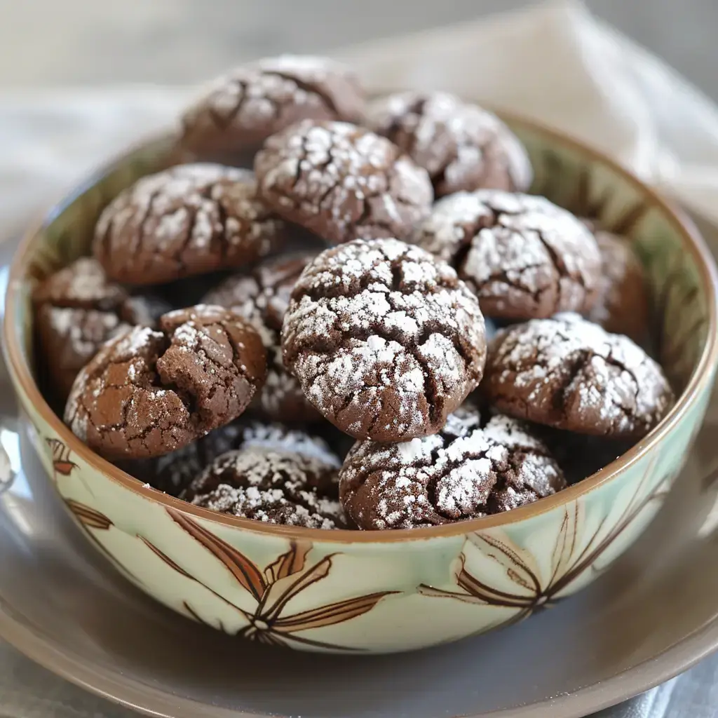 Un bol rempli de biscuits au chocolat saupoudrés de sucre glace.