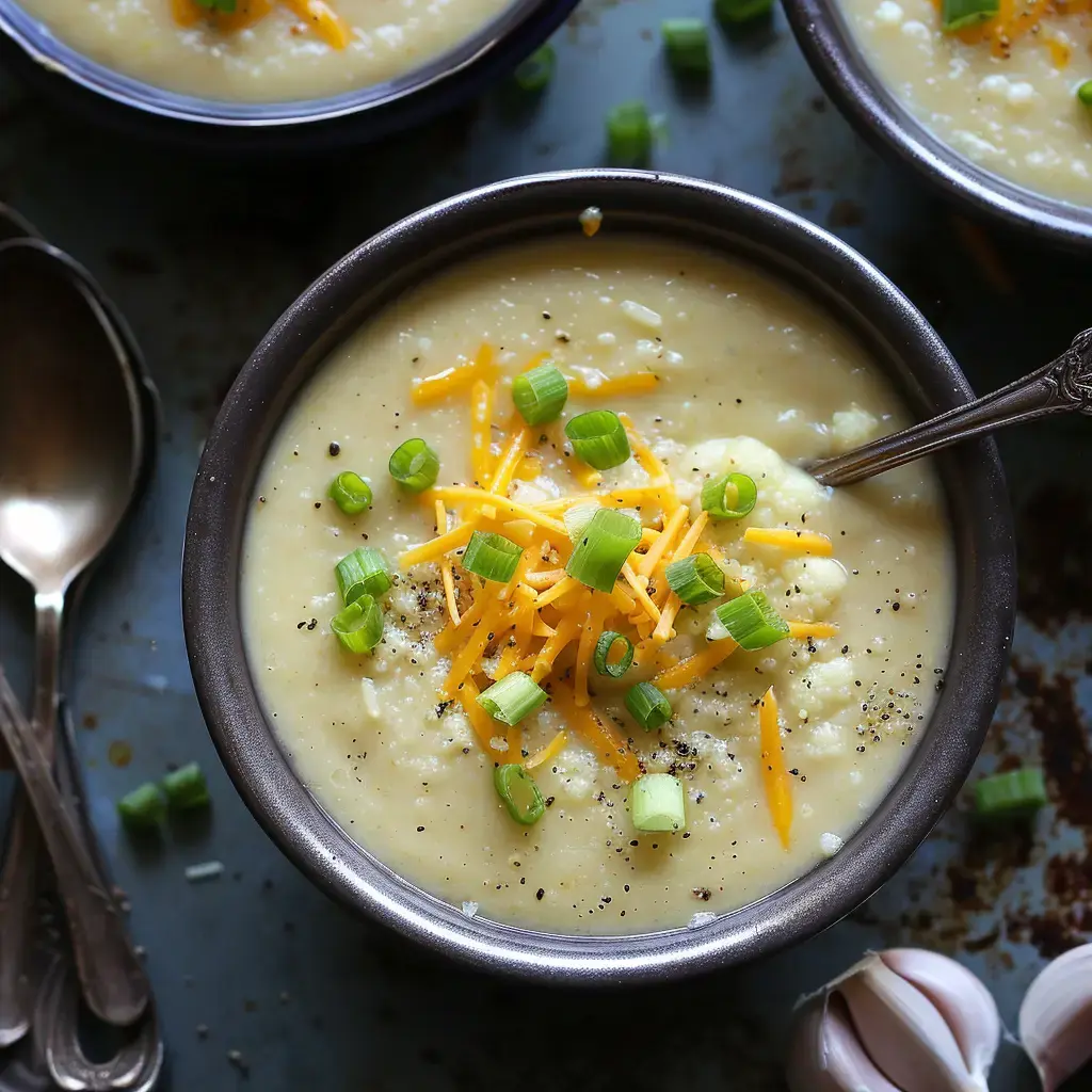 Un bol de soupe crémeuse garni de fromage cheddar, d'oignons verts et de poivre, avec des cuillères en métal et de l'ail en arrière-plan.