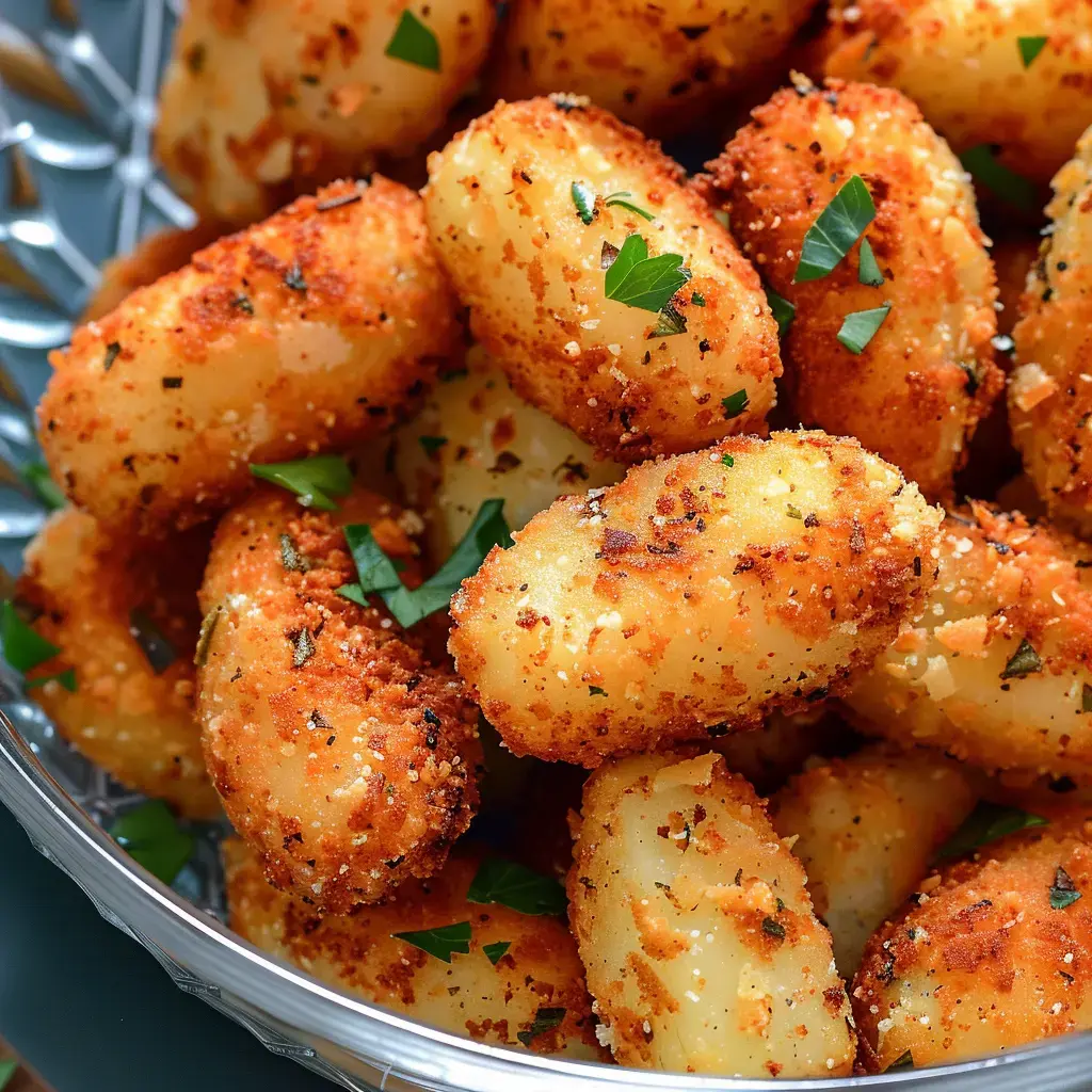 Des gnocchis frits croustillants, garnis de persil frais, sont présentés dans un plat.