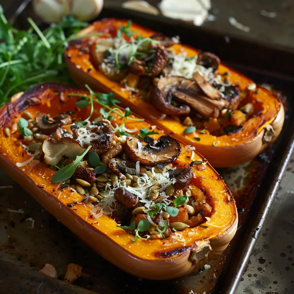 Deux moitiés de courge butternut rôtie garnies de champignons, graines et herbes fraîches, disposées sur un plateau.