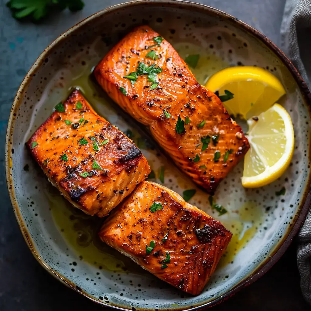 Filets de saumon grillés garnis de persil et accompagnés de quartiers de citron, présentés dans une assiette.