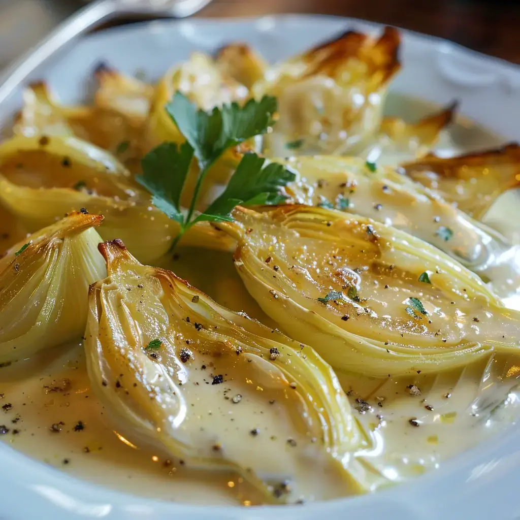 Un plat de fenouil cuit dressé avec une sauce crémeuse et garni de persil.