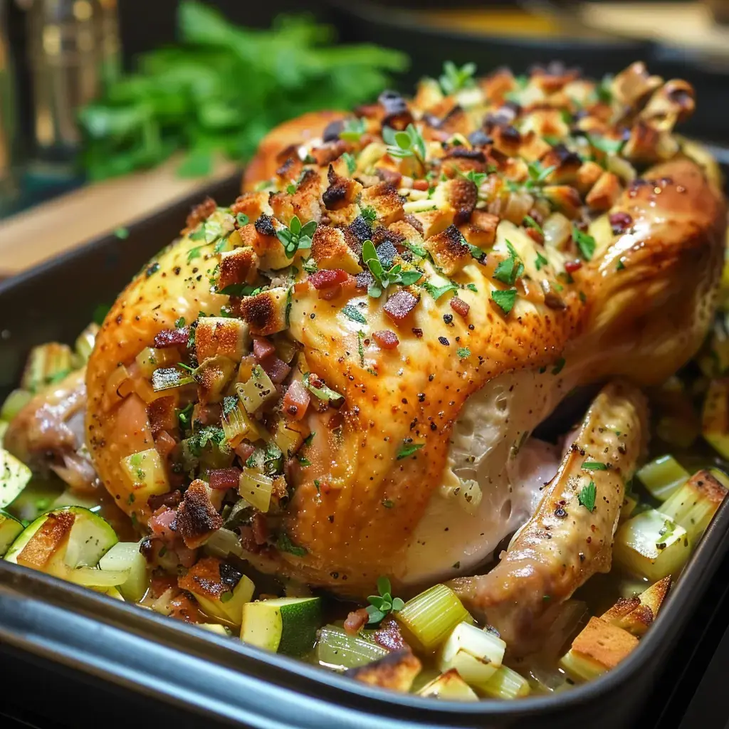 Un poulet rôti doré garni de morceaux de pain, de lardons et d'herbes, accompagné de légumes tels que des courgettes et du céleri.