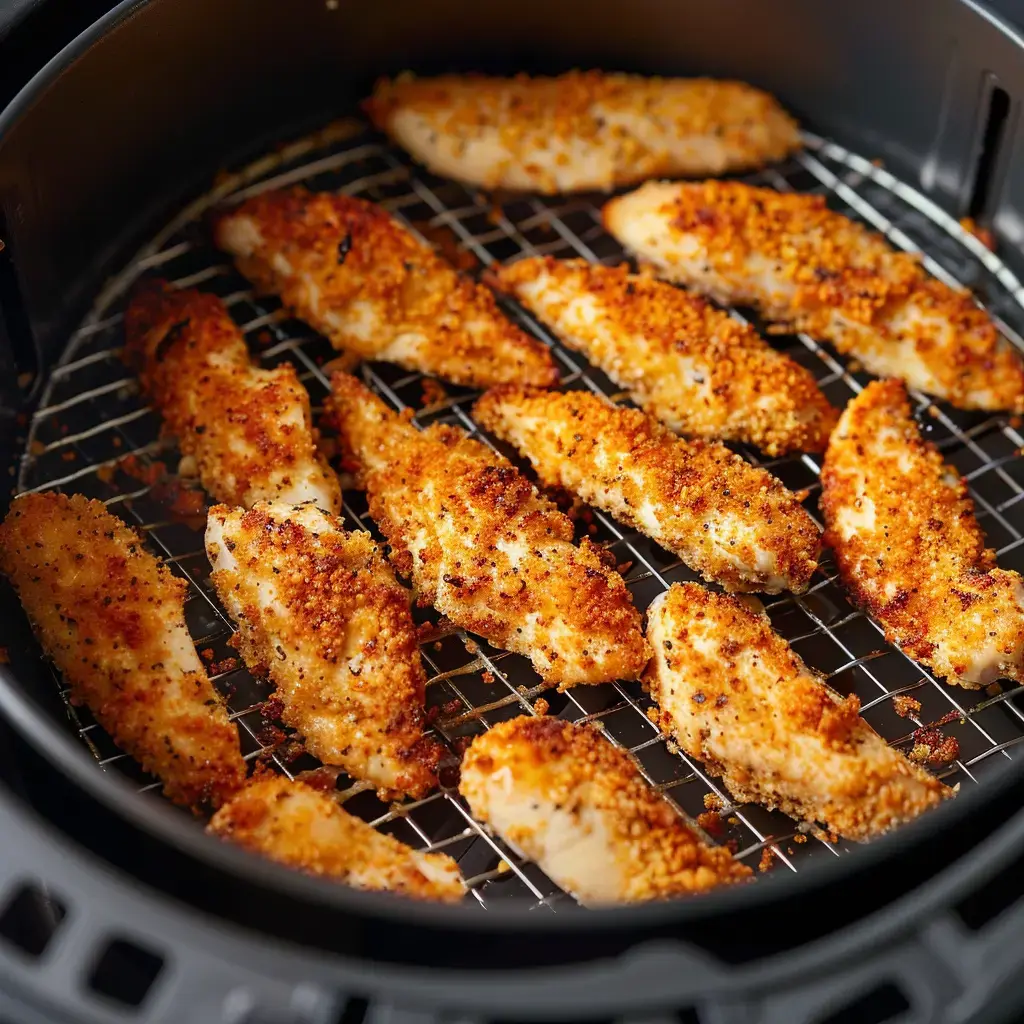 Des filets de poisson panés dorés cuisent dans un air fryer.