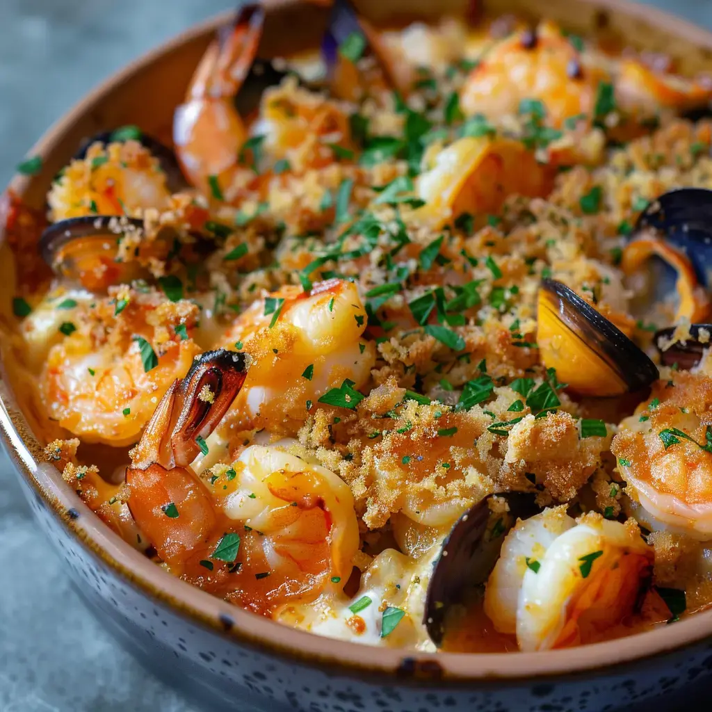 Un plat de fruits de mer garni de chapelure et de persil, avec des crevettes et des moules visibles.