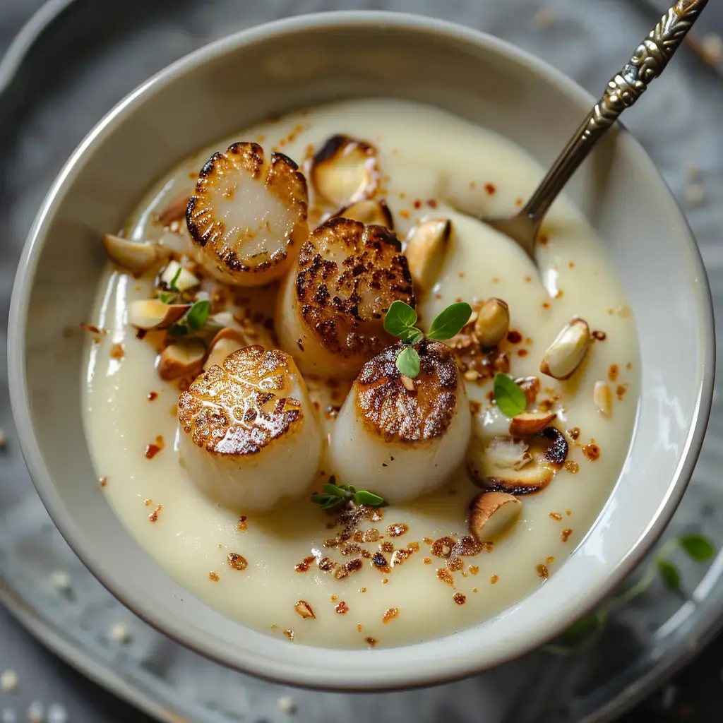 Un bol de purée crémeuse garni de noix de Saint-Jacques grillées, de noisettes grillées et de feuilles d'herbes.