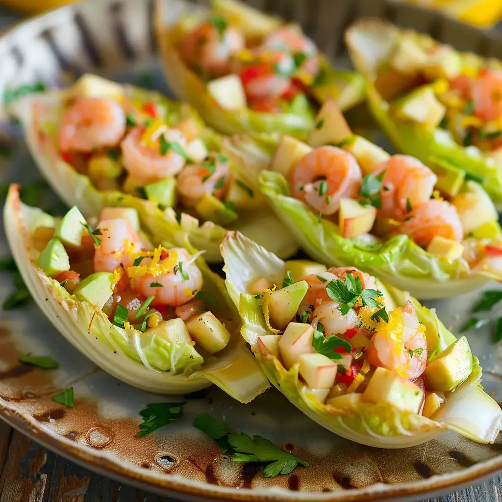 Des coquilles de laitue garnies de crevettes et de morceaux de pomme, décorées de persil.