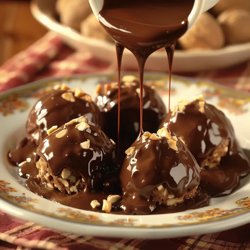 Des boules de dessert recouvertes de chocolat chaud et parsemées de noix, présentées sur une assiette.