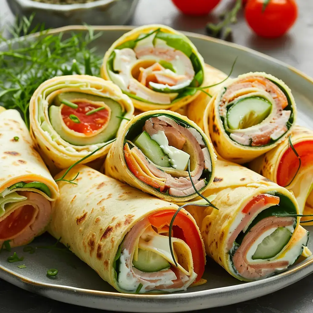 Des wraps colorés fourrés de dinde, concombre, tomate et fromage, servis sur une assiette.