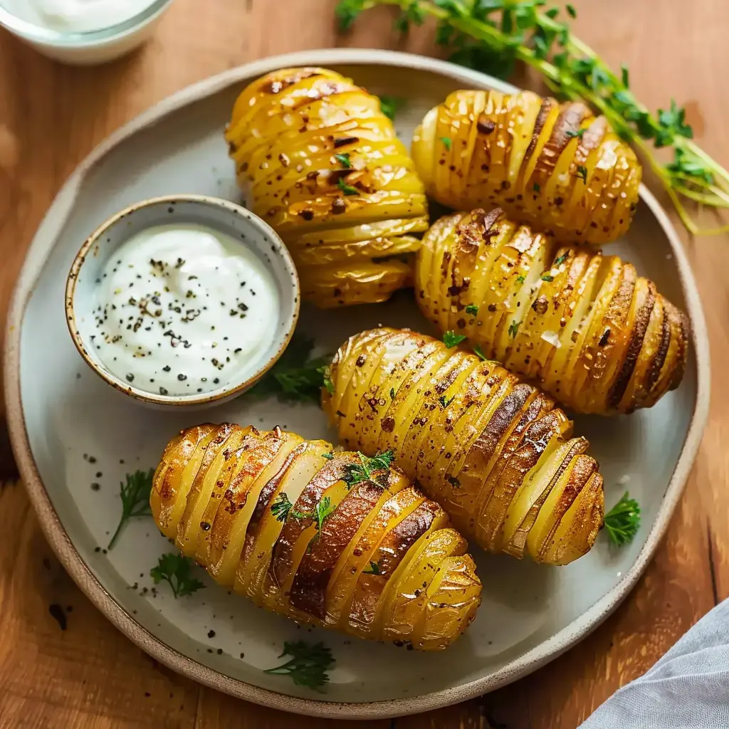 Quatre pommes de terre coupées en franges dorées, accompagnées d'une sauce blanche garnie de poivre, sont disposées sur une assiette.