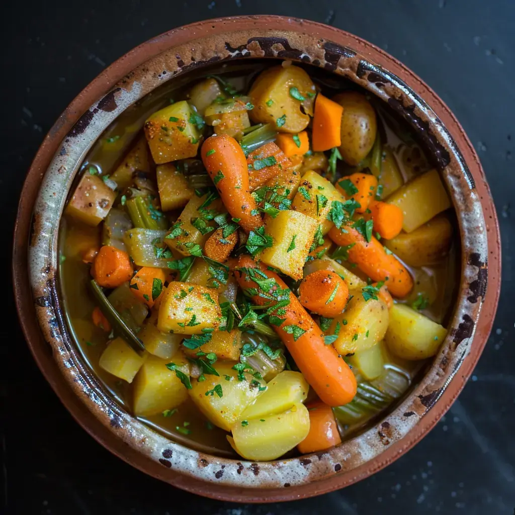 Un plat de légumes variés, comprenant des carottes, des pommes de terre et des herbes, servi dans un plat en terre cuite.