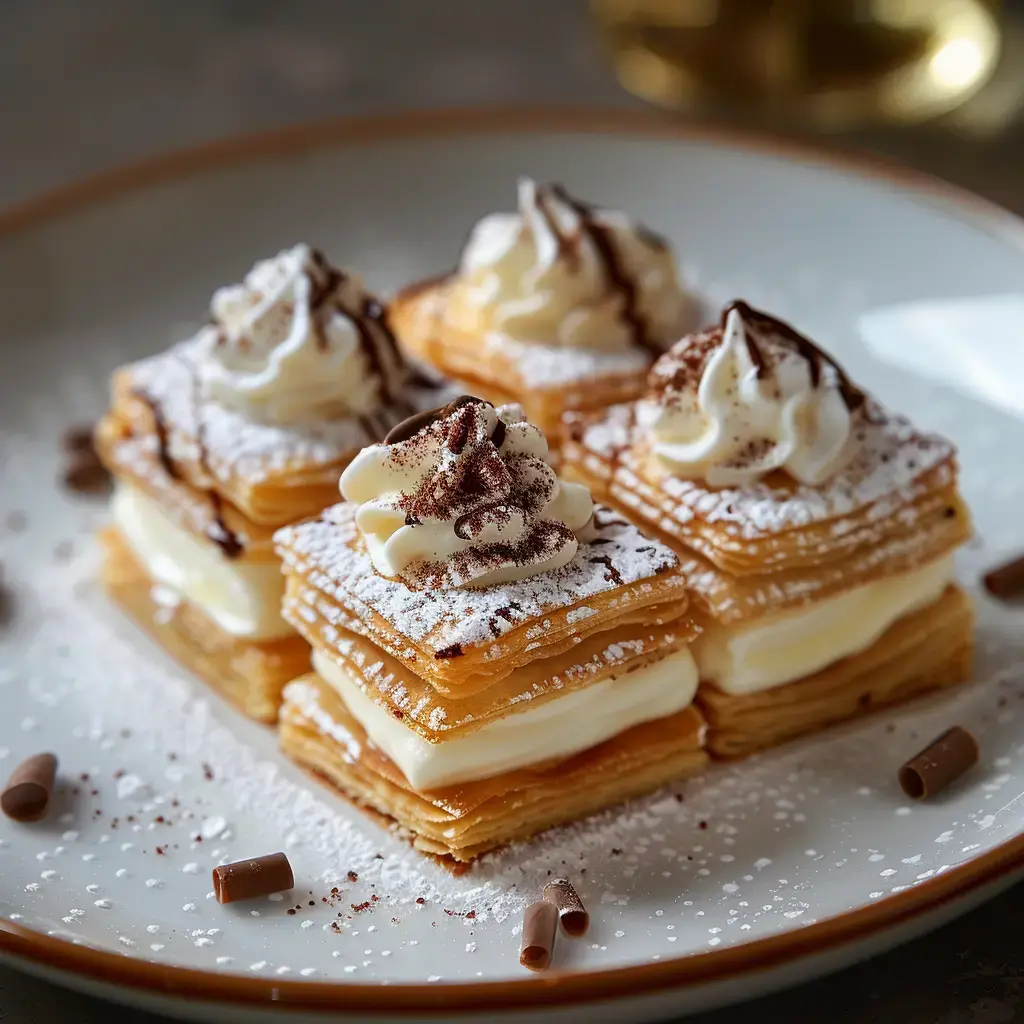 Quatre pâtisseries empilées avec de la crème, garnies de chantilly et de chocolat, saupoudrées de sucre glace.