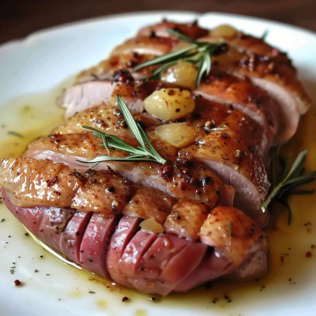 Un plat de viande rôti garni d'herbes, de gousses d'ail et de petits oignons, le tout nappé d'une sauce dorée.