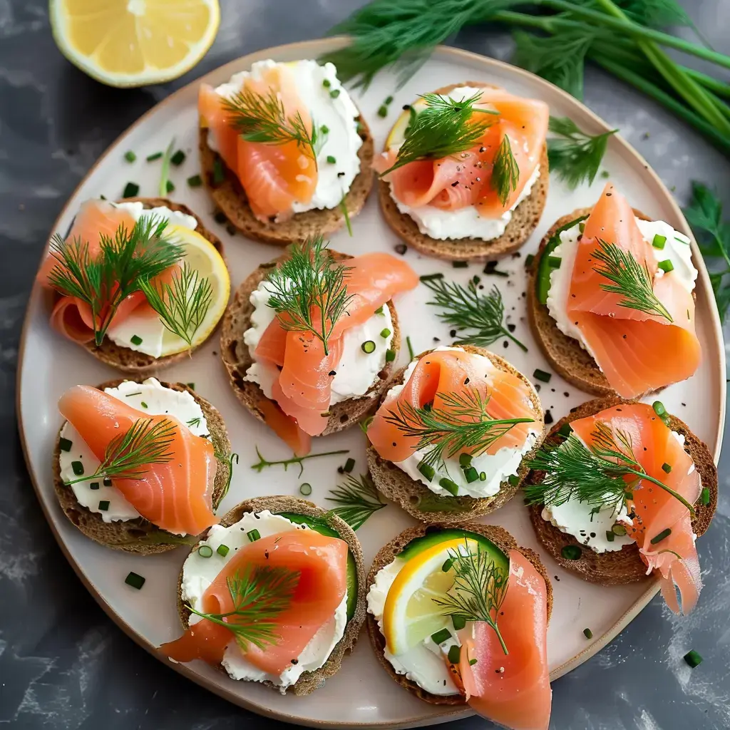 Assiette de tartines en pain complet garnies de crème fraîche, de saumon fumé, d'aneth et de citron.