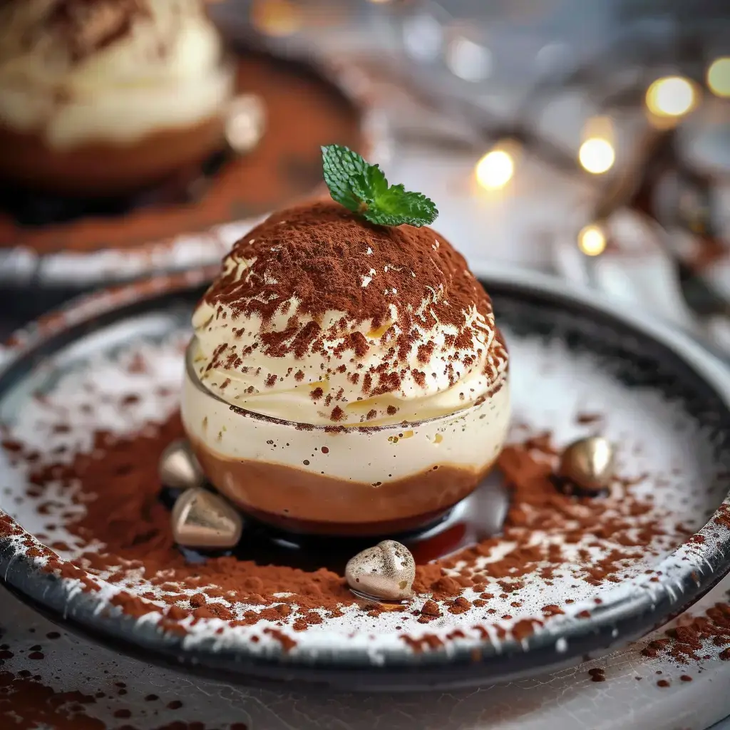 Dessert en verre avec de la crème fouettée, du cacao en poudre et des éclats de chocolat sur une assiette décorée.