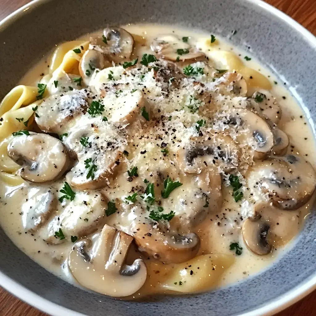 Un plat de pâtes crémeuses aux champignons, garni de parmesan et de persil.