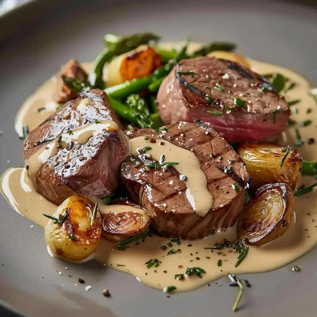 Un plat de viande grillée accompagné de petits oignons, d'asperges et d'une sauce crémeuse.