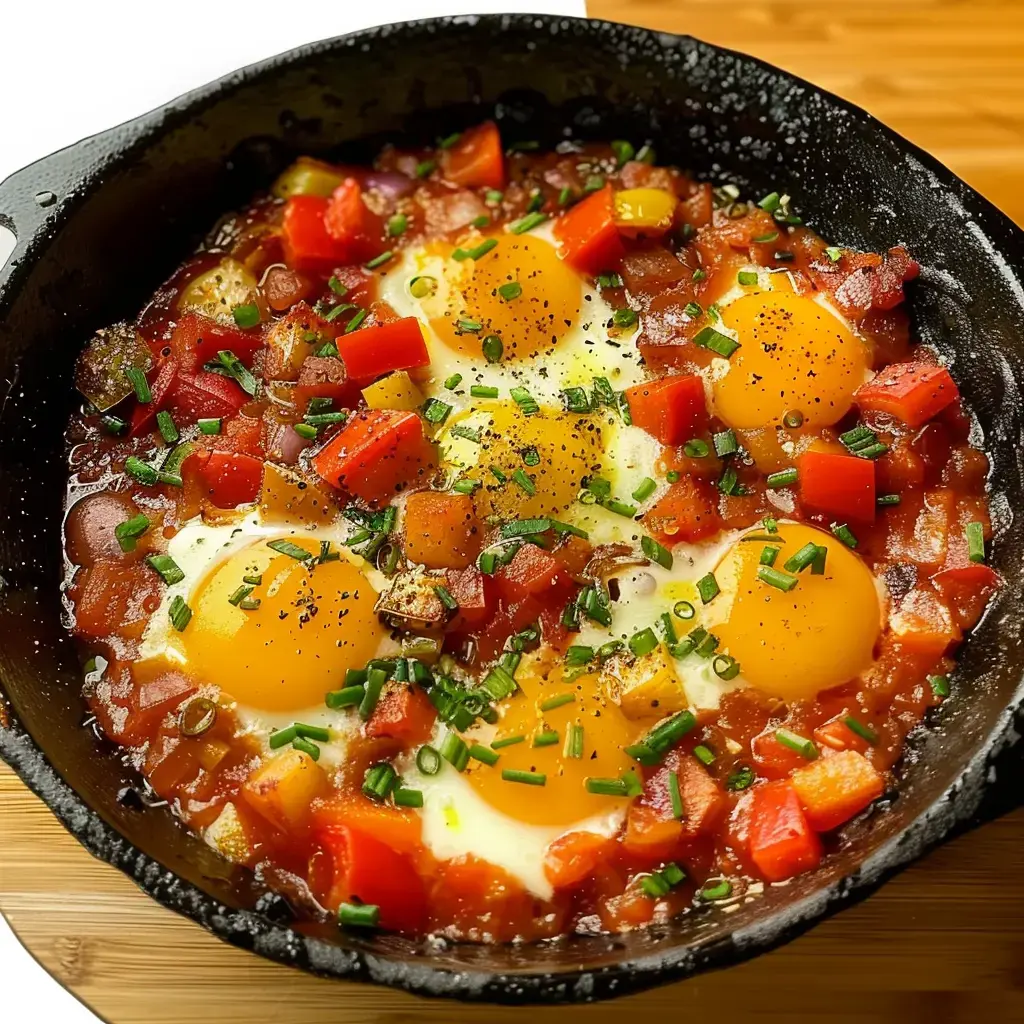 Une poêle en fonte contient des œufs au plat cuits avec des tomates, des poivrons et des herbes fraîches.