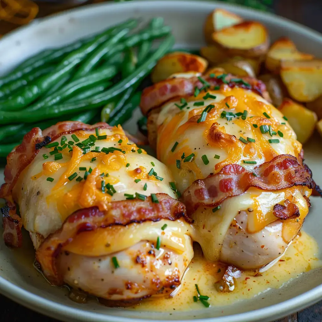 Deux morceaux de poulet enroulés de bacon, garnis de fromage cheddar, accompagnés de haricots verts et de pommes de terre rôties.