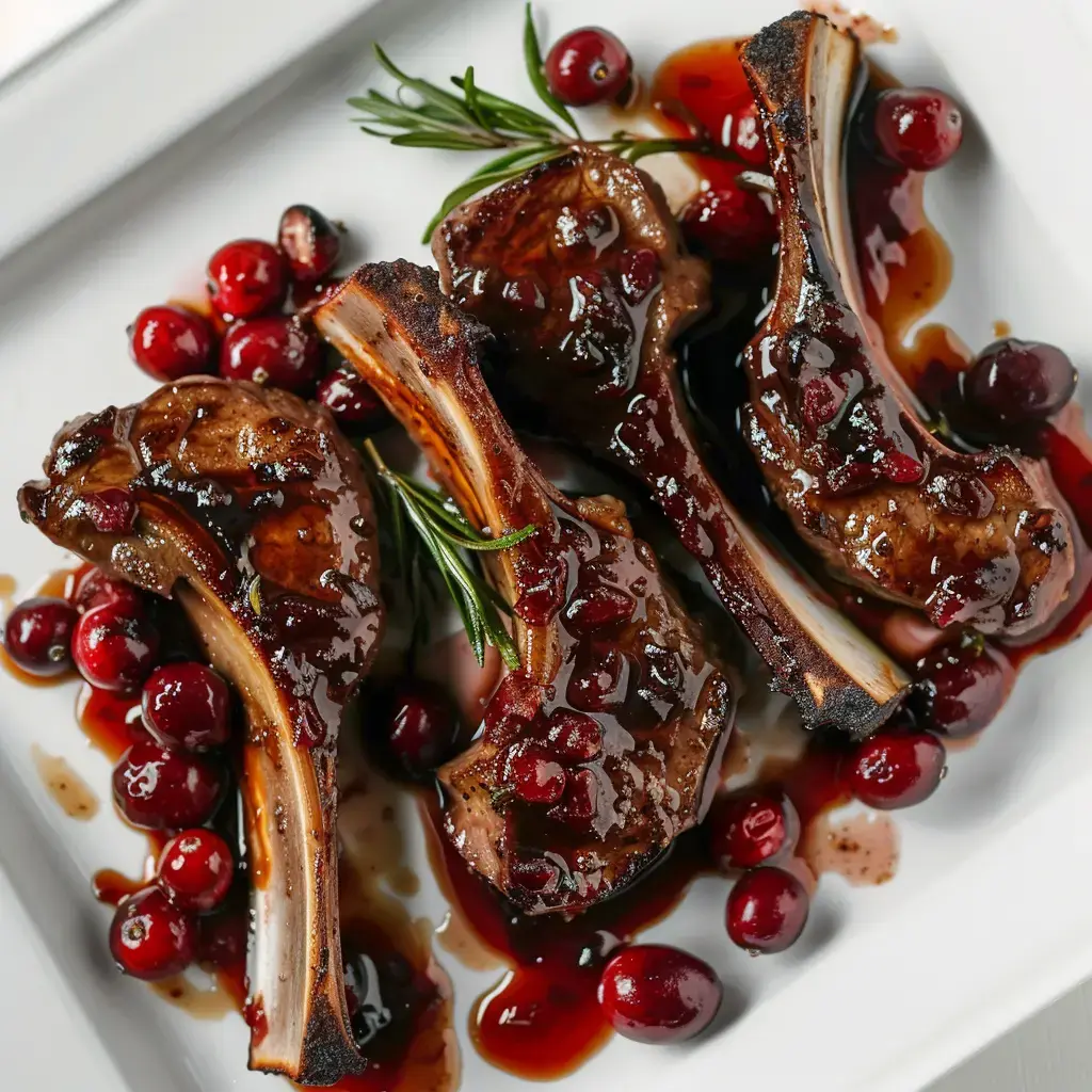 Des côtelettes d'agneau nappées d'une sauce aux canneberges et agrémentées de brins de romarin.