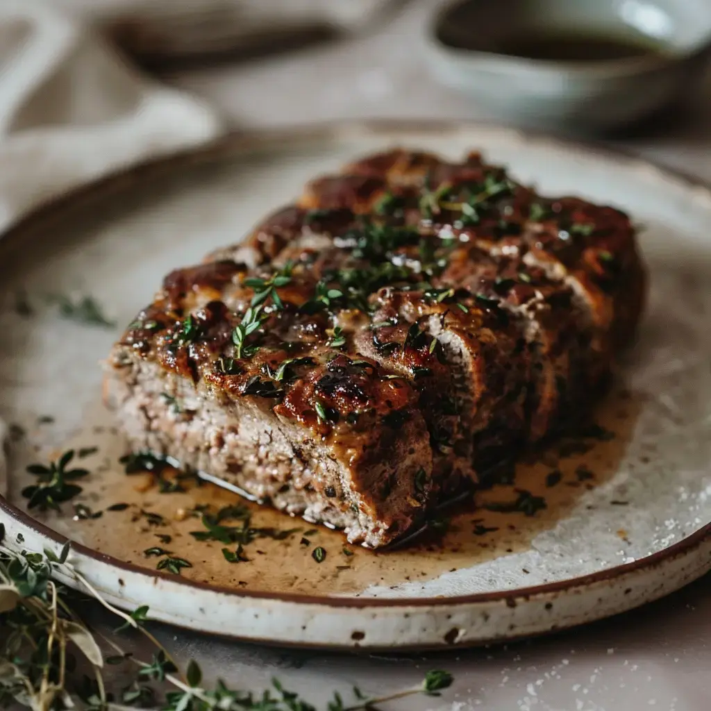 Un pain de viande doré, garni de thym frais, est présenté sur une assiette, avec du jus sur le bord.