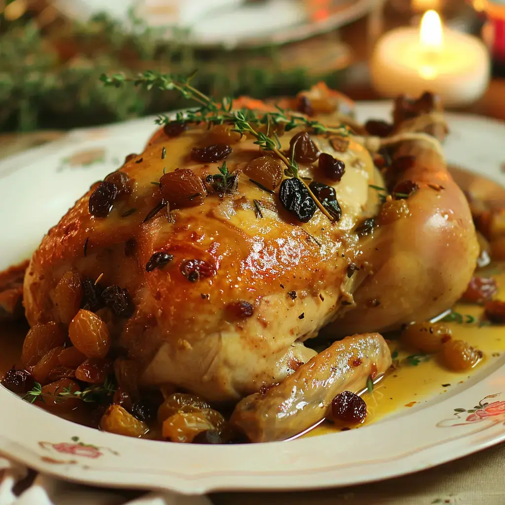 Un poulet rôti garni de raisins secs et de thym, présenté sur une assiette avec une sauce visiblement riche.