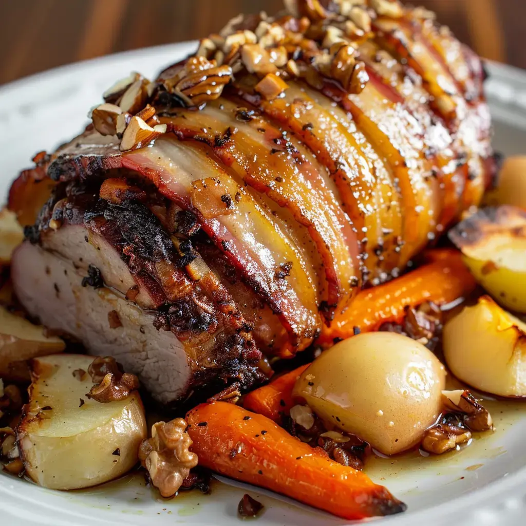 Un rôti de viande avec du bacon et des noix, accompagné de carottes et de pommes de terre dorées, servi sur une assiette blanche.