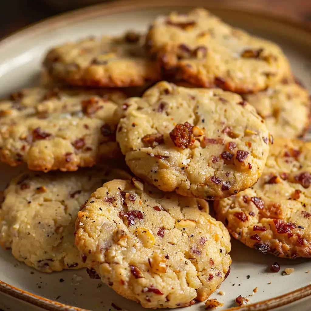 Des biscuits croustillants aux noix et morceaux de bacon sont présentés sur une assiette.