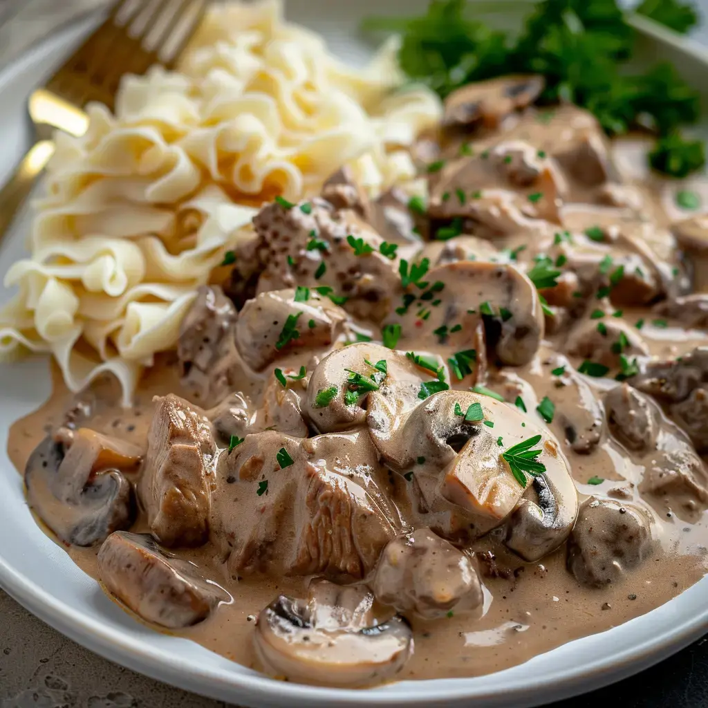 Un plat de pâtes accompagné de viande et de champignons dans une sauce crémeuse, garni de persil frais.