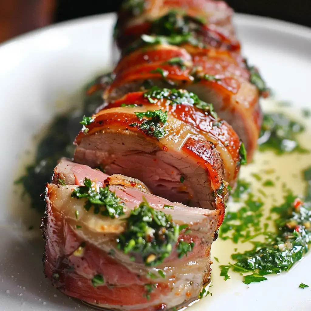 Tranche de viande enroulée de bacon, garnie de sauce verte et présentée sur une assiette.