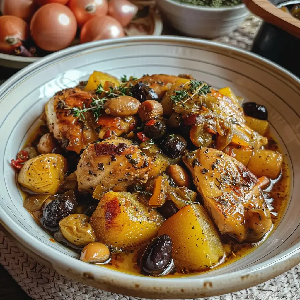 Un plat de poulet mijoté accompagné de légumes colorés et de tomates cerises, garni de thym frais.