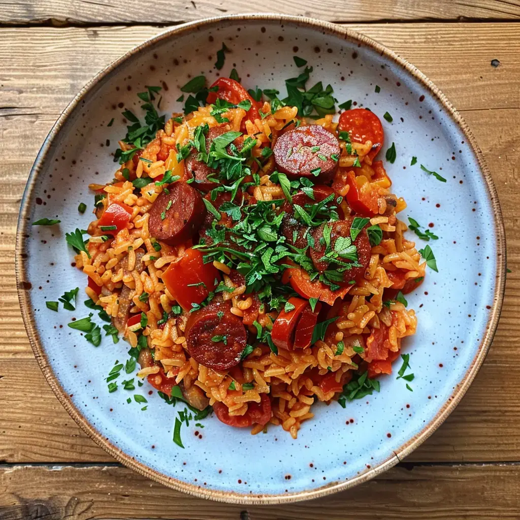 Assiette de riz à la sauce tomate garnie de tranches de saucisse et de persil frais.