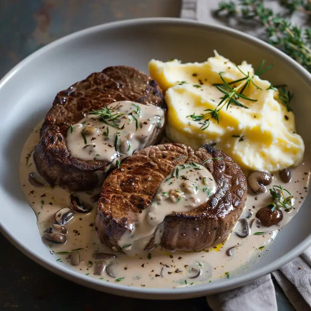 Un plat de filets de bœuf nappés d'une sauce crémeuse, accompagnés de purée de pommes de terre et garnis de fines herbes.