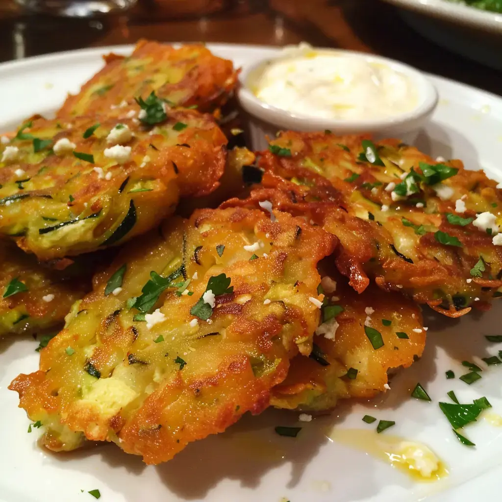 Des galettes dorées à base de légumes, garnies de persil et servies avec une sauce blanche.