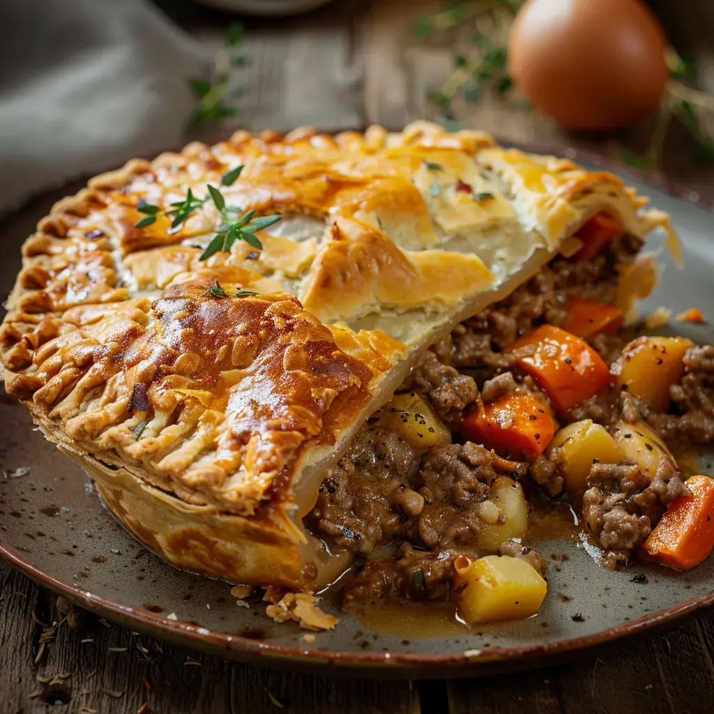 Une tourte à la viande avec une pâte dorée, garnie de viande hachée, de carottes et de pommes de terre, est présentée sur une assiette en bois.