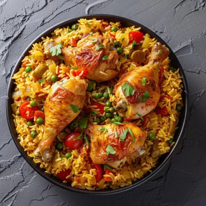 Un plat de riz coloré garni de morceaux de poulet rôti et de légumes frais.