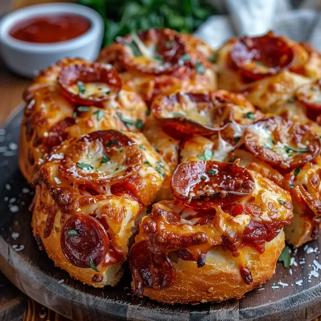 Une boule de pain garnie de pepperoni et de fromage, servie avec une sauce tomate en accompagnement.