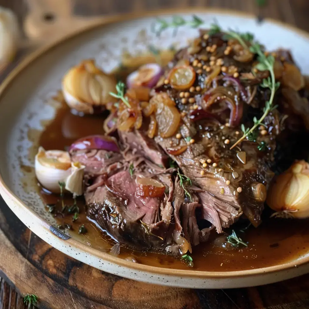 Un plat de viande braisée, tranchée et garnie d'oignons caramélisés et d'herbes, servie avec une sauce au fond.