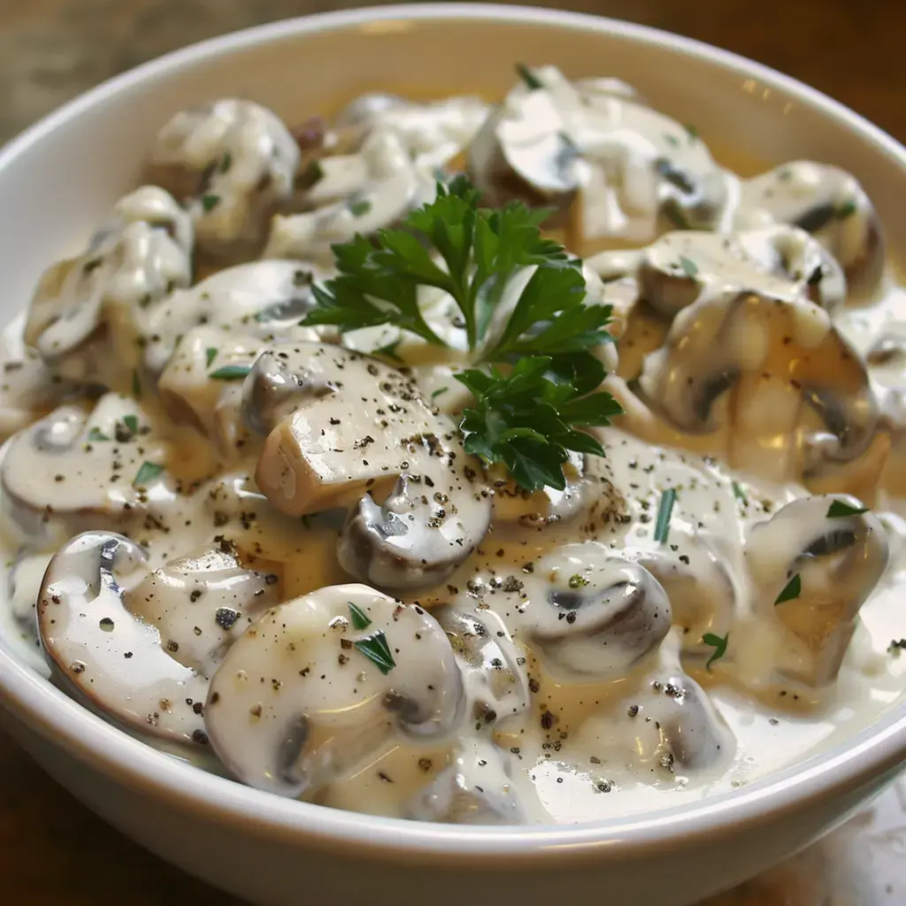 Un plat de champignons dans une sauce crémeuse avec du poivre et garni de persil.