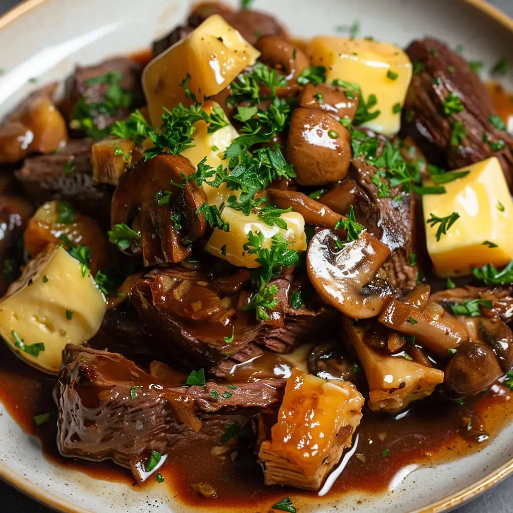 Un plat de viande braisée avec des champignons, des dés de fromage et du persil, le tout nappé d'une sauce brune.