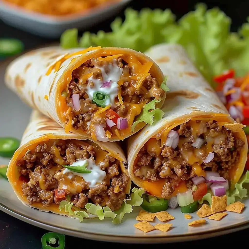 Trois tortillas garnies de viande hachée, fromage, légumes et sauce, présentées sur une assiette avec de la laitue.