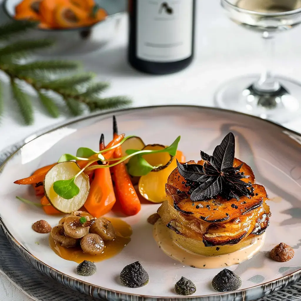 Un plat gastronomique élégant avec des légumes colorés et une décoration sophistiquée, accompagné d'un verre de vin et d'une bouteille en arrière-plan.