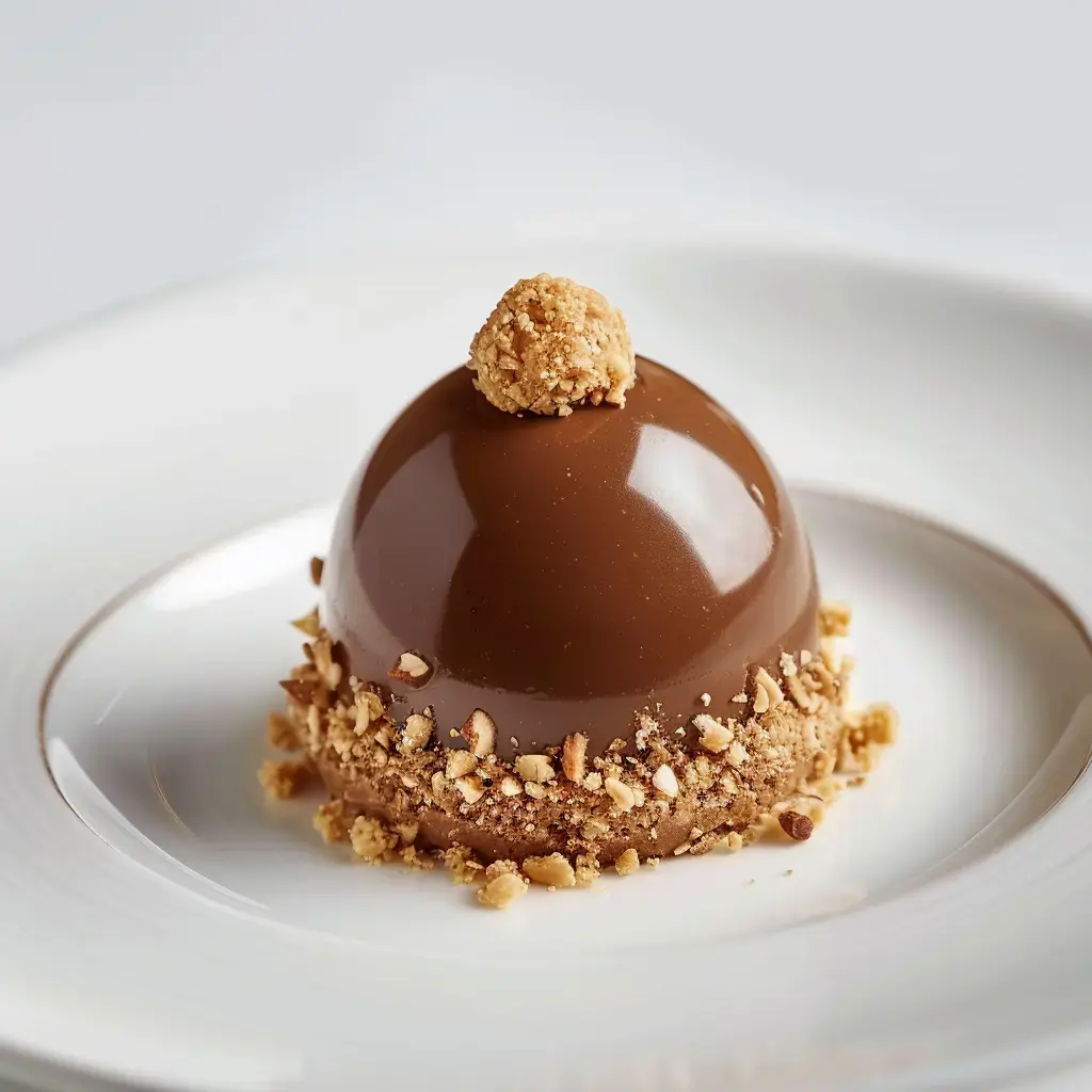 Un dessert rond en chocolat, décoré d'une bouchée sucrée et entouré de morceaux de noisettes écrasées.