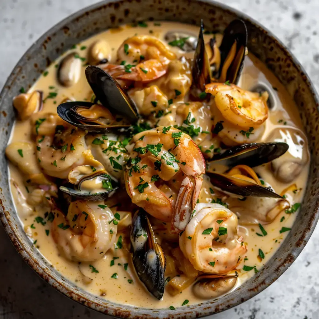 Un bol de fruits de mer avec des crevettes, des moules et des coques dans une sauce crémeuse, garni de persil frais.