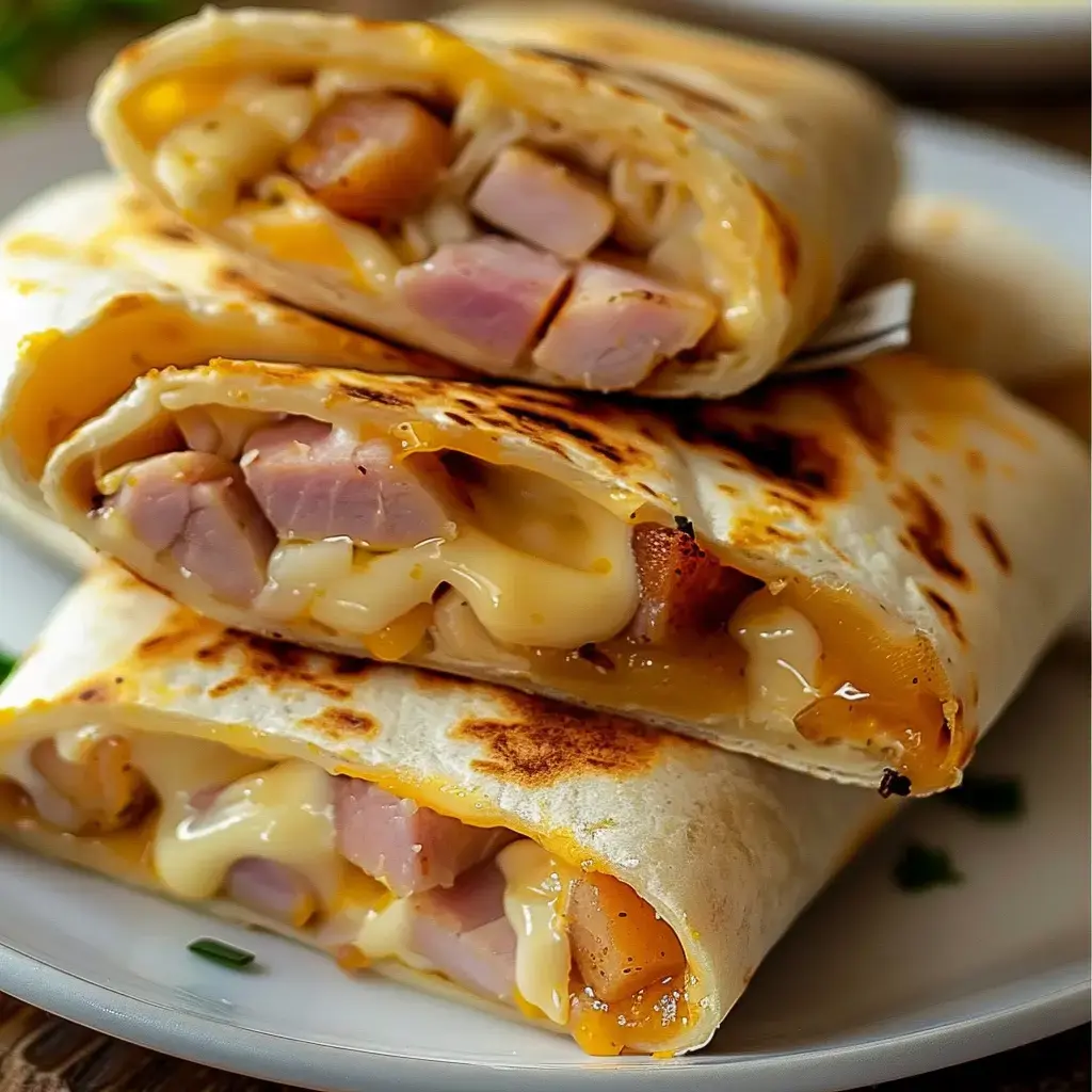 Des tortillas grillées farcies de morceaux de jambon et de fromage fondu.