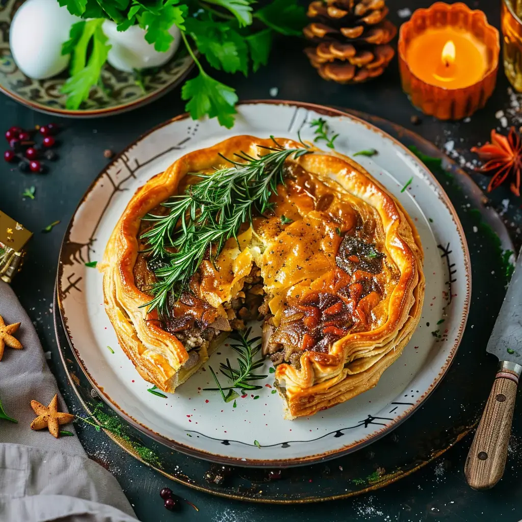 Une tarte dorée et feuilletée, garnie de viande et décorée de brins de romarin, est présentée sur une assiette avec des ingrédients environnants et une bougie allumée.