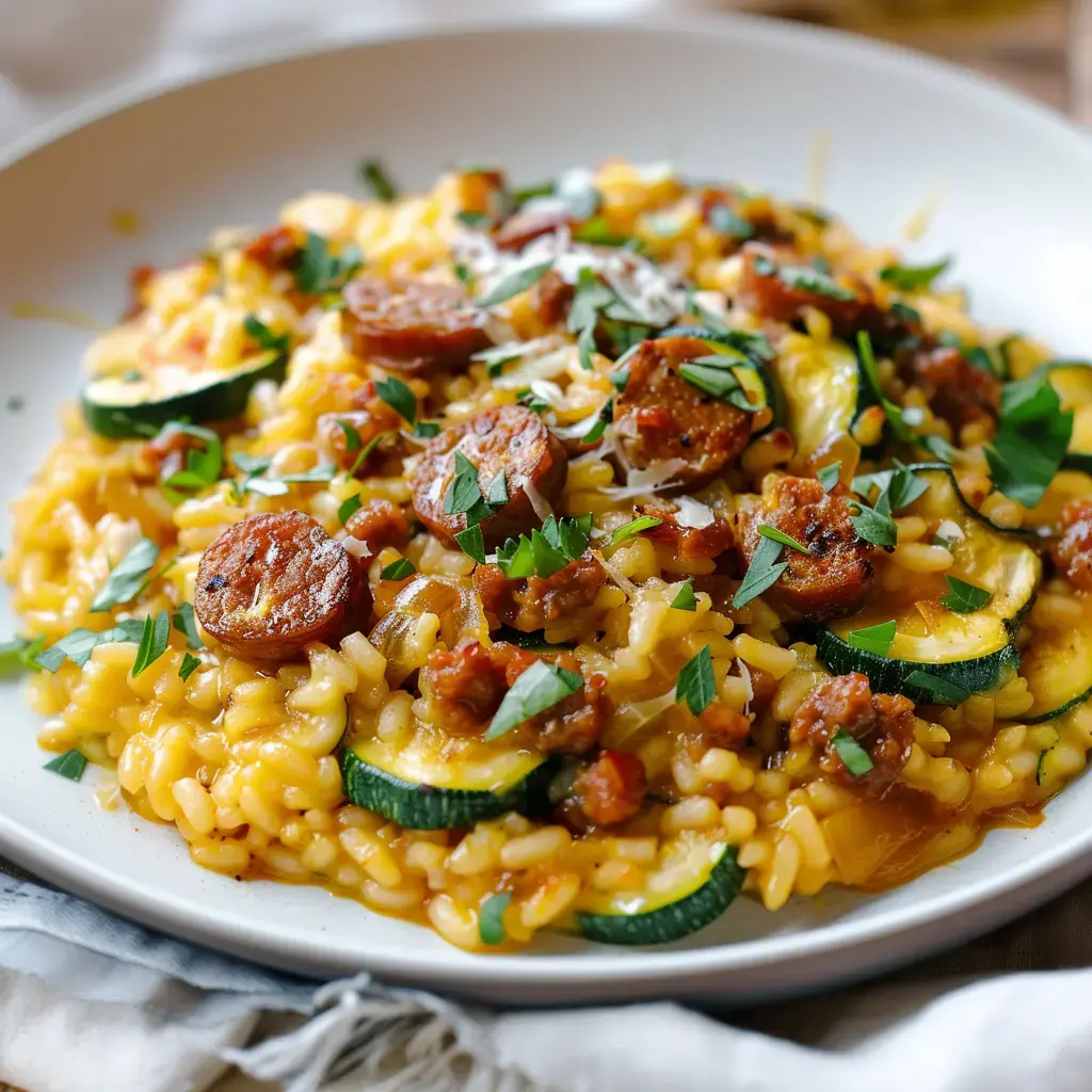 Un plat de risotto crémeux aux courgettes, saucisse et herbes fraîches.