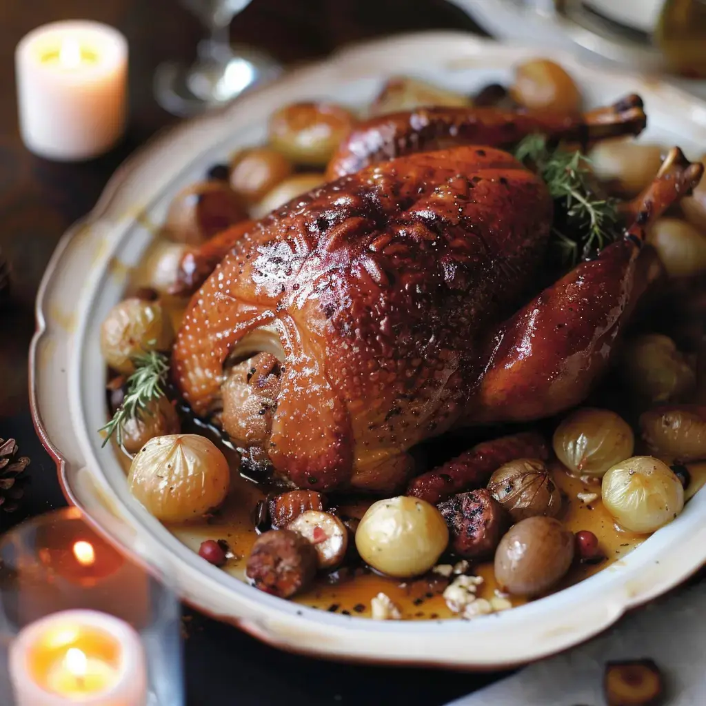 Un poulet rôti doré est servi sur un plat avec des oignons et des légumes autour.